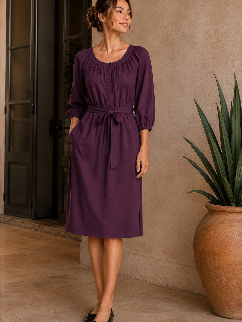 Max Studio Plum Button-Front Midi Dress